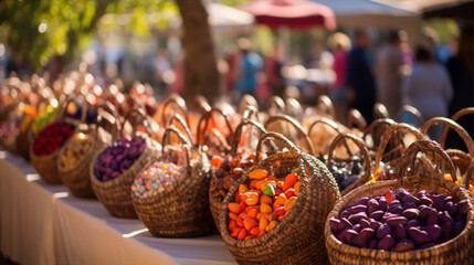 Still life of colorful fruits in wicker baskets at a French market - obrazy, fototapety, plakaty