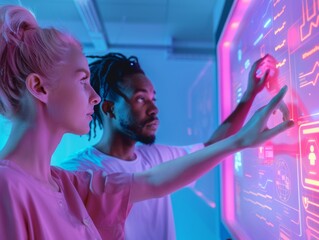 Caucasian woman and African American man using AI health interface for andropause research in a dynamic neon-lit room