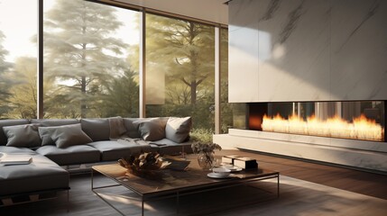 Sunroom with sleek modern gas fireplace and lounge seating.