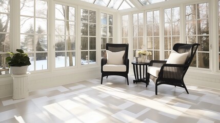 Fototapeta premium Sunroom with sleek white-tiled floors and radiant heating.