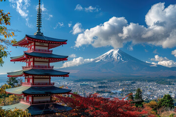 Fototapeta premium A beautiful red pagoda with Mount Fuji in the background, a Japanese cityscape in autumn, a clear blue sky
