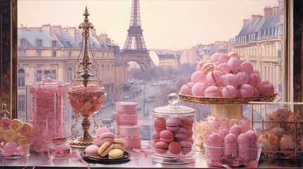 Still life painting of pink macarons and Eiffel Tower view from window in Paris, France.
