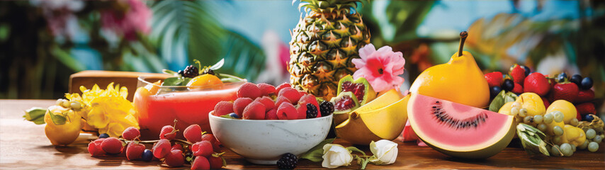 Close-up of a bowl of fresh raspberries with pineapple, watermelon, and other fruits in the background.