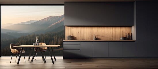 The kitchen of the house features a table and chairs, with a view of the mountains through the...