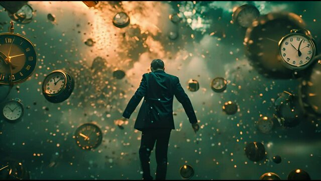 A man standing among flying and breaking clocks. The concept of a man losing time. The concept of time slipping away or being wasted, often associated with feelings of stress, urgency, or regret.