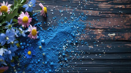Happy Holi Festival Concept, Blue powder and different flowers scattered on a wooden table.