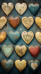Blue and brown retro hearts on a blue background in a heart shape