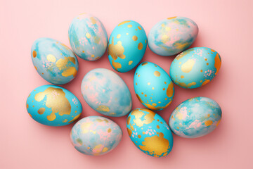Fototapeta na wymiar Handmade decorated blue Easter eggs on pink background
