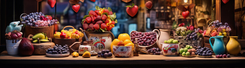 Still life of colorful fruits and flowers in a variety of containers on a wooden table. - obrazy, fototapety, plakaty