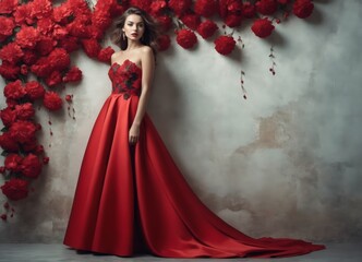  portrait of beautiful woman decorated with a with luxury dress made of stylized red flowers.