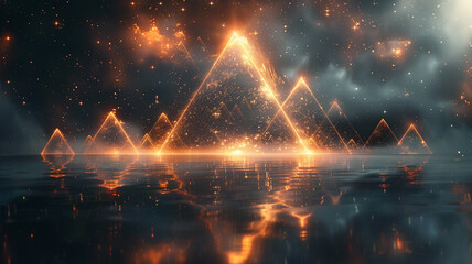 A series of pyramids are floating in the water, creating a surreal