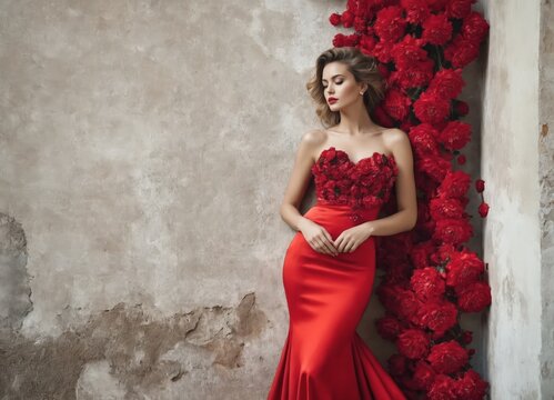  portrait of beautiful woman decorated with a with luxury dress made of stylized red flowers.