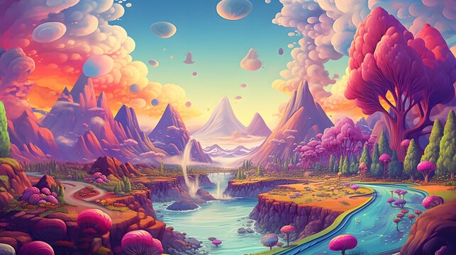 A pixelated dreamscape with surreal landscapes, featuring whimsical characters and vibrant colors.
