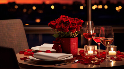 A romantic dinner table with a bouquet of red roses, two glasses of wine, and candles.