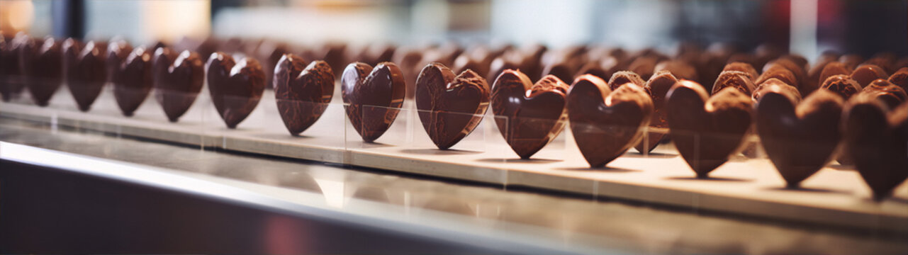 Close-up of a display of heart-shaped chocolates in various shades of brown.