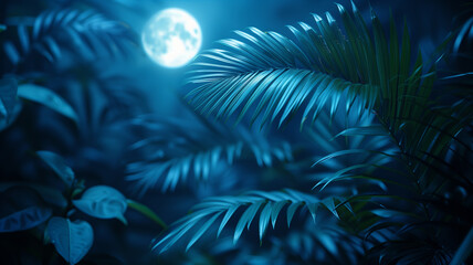A moon is shining on a forest with leaves