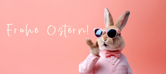 Frohe Ostern Konzept Feiertag Grußkarte mit deutschem Text - Cooler Osterhase, Kaninchen mit Sonnenbrille, Hemd und Fliege, isoliert auf rosa Hintergrund - obrazy, fototapety, plakaty