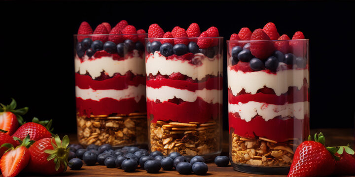 Colorful parfait dessert with fresh berries and granola in glass on dark background