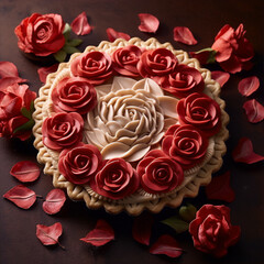 Still life of a beautiful red rose pie with red and pink petals on a brown table.