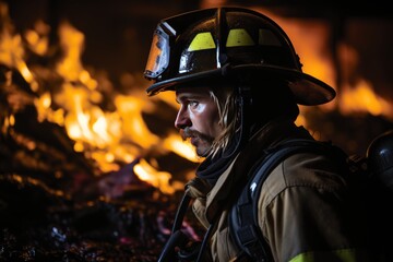A high quality image of a firefighter in full gear wielding a hose to combat a blaze, with the focus on the firefighter amidst billowing flames and smoke.