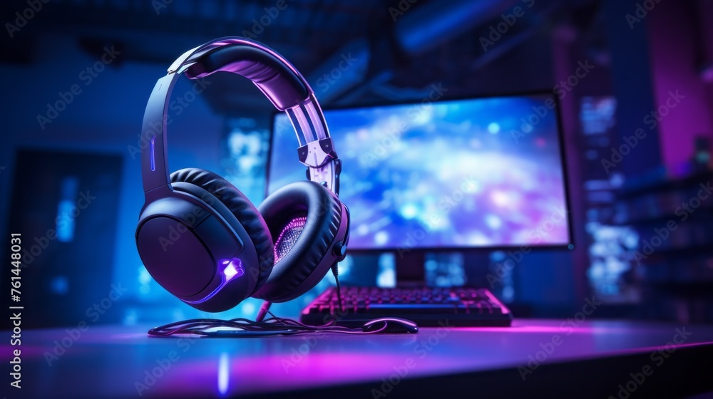Poster close-up of headphones for a professional streamer, gamer on the background of a computer and a gami