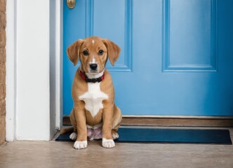 Puppy dog patiently sitting by front door