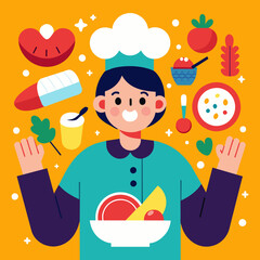 chef vector in kitchen with many ingredient, fruit, food, vegetable