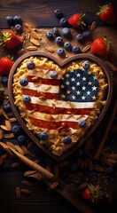 Fototapeta premium Heart-shaped pasta with blueberries and strawberries in the colors of the American flag.