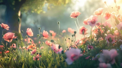 Zelfklevend Fotobehang Poppy field kissed by the morning sun © May's Creations