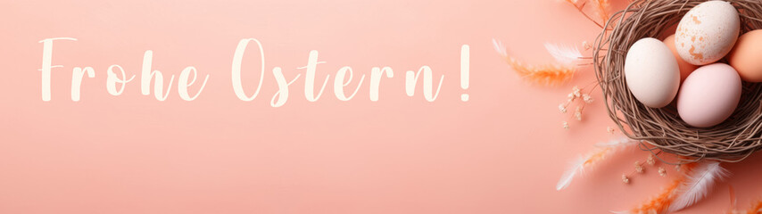 Frohe Ostern Grußkarte Banner mit deutschem Text - Bemalte Ostereier in Osternest Vogelnest auf rosa Tisch, Draufsicht. - obrazy, fototapety, plakaty