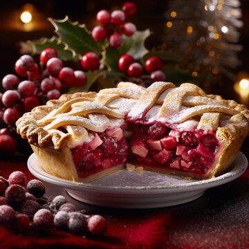 A close-up image of a traditional homemade apple and cranberry pie with a lattice crust, served on a white plate with a red tablecloth.
