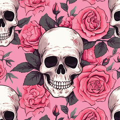 Beauty skull roses and love on pink background 