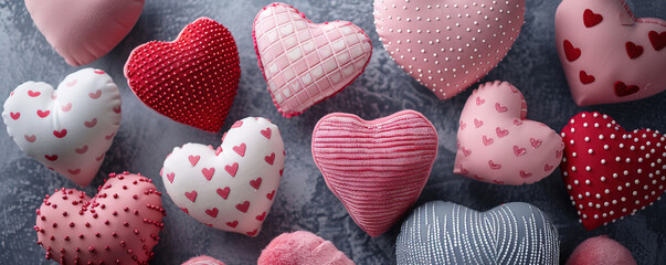 A Variety of Heart Shaped Cushions. Beautiful Valentines Day Background.