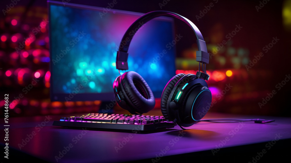 Poster close-up of headphones for a professional streamer, gamer on the background of a computer and keyboa