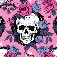 Beauty skull roses and love on pink background 