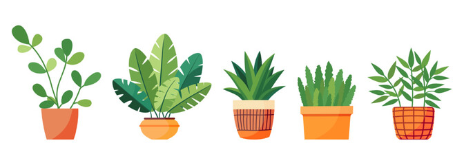 Set of house plants in a pot. Flat style. Green plant in a flower pot for cozy decoration of home, garden, veranda, balcony, terrace, office, living room, patio. Vector illustration.