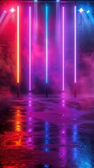Abstract background with neon lights of various colors on stage