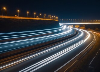 street in night time. Motion blur, light trails. Transportation, logistic. Timelapse