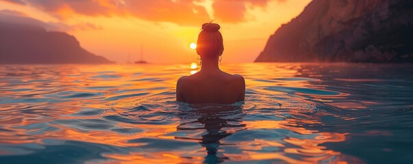 Back view of unrecognizable female silhouette standing in rippling sea water and enjoying sunset over mountains
