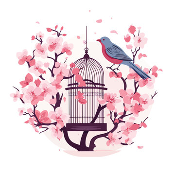 Bird and cage with cherry blossom tree flat vector