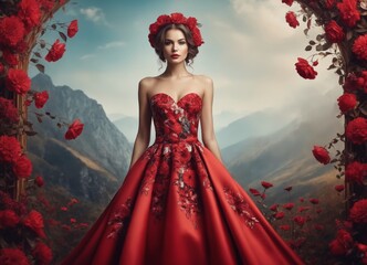 portrait of beautiful woman decorated with a with luxury dress made of stylized red flowers.