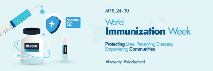 World Immunization week. World immunization week 2024 awareness cover banner banner with cute icons of syringe, vaccine bottle, protection shield in light cyan theme colour. Vaccine for all awareness. - obrazy, fototapety, plakaty