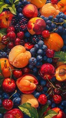 Close up of mixed summer fruit: berries, peaches, cherries.
