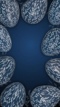 Easter blue eggs with painted patterns. Animated holiday spring background. Christian religious holiday of Easter. Empty copy space for text. Vertical video.