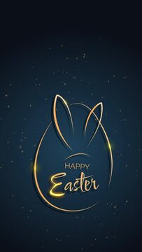 Happy Easter greeting card with golden Easter egg and bunny ears. Handwritten holiday wishes on dark blue background with sparkle. Loop. Vertical video.
