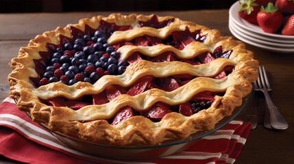 A photo of a homemade baked pie with red, white and blue fruit filling.