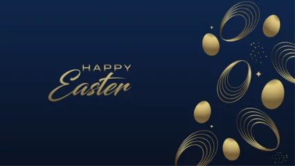 Tuinposter Elegant luxury premium, dark blue and gold, happy easter celebration. Abstract gold easter eggs, wallpapers banner, editable vector. © colonyro