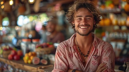 Portrait of handsome man smiling at camera in a pub or restaurant - obrazy, fototapety, plakaty
