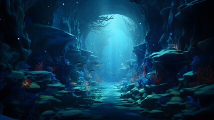 A surreal underwater cavern adorned with bioluminescent crystals and mysterious aquatic life. - obrazy, fototapety, plakaty