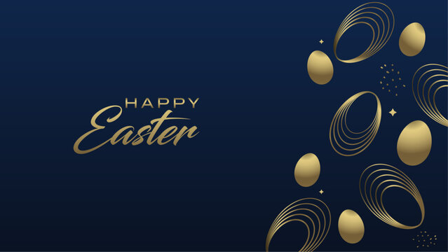 Elegant luxury premium, dark blue and gold, happy easter celebration. Abstract gold easter eggs, wallpapers banner, editable vector.